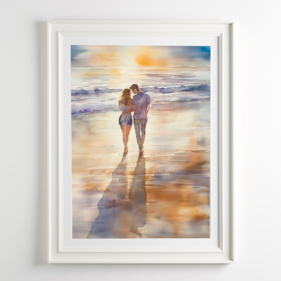 Romantic Beach Walk Art Print, Couple Sunset