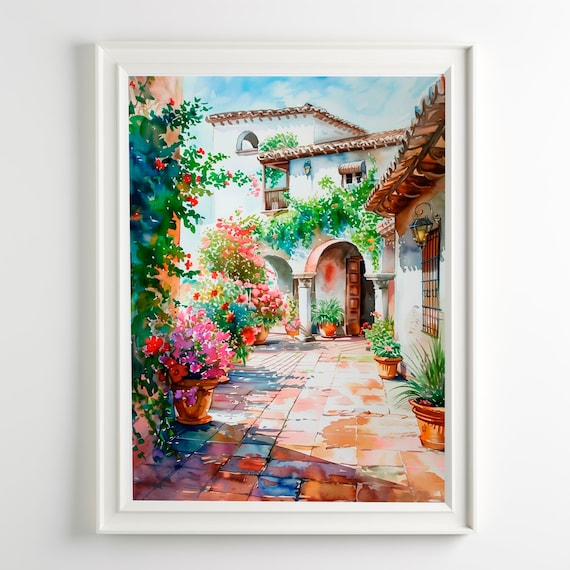 Andalucia Spain Flower Garden Courtyard Watercolor Painting Poster