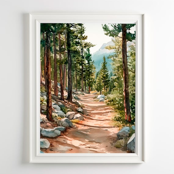 Emerald Lake Pine Forest Trail Rocky Mountain Watercolor Art Poster