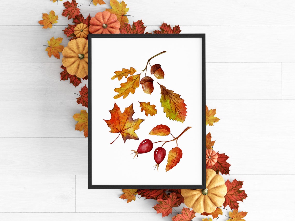 Fall Watercolor Leaves Maple Oak Rosehips Rustic Autumn Art Print - Image 2