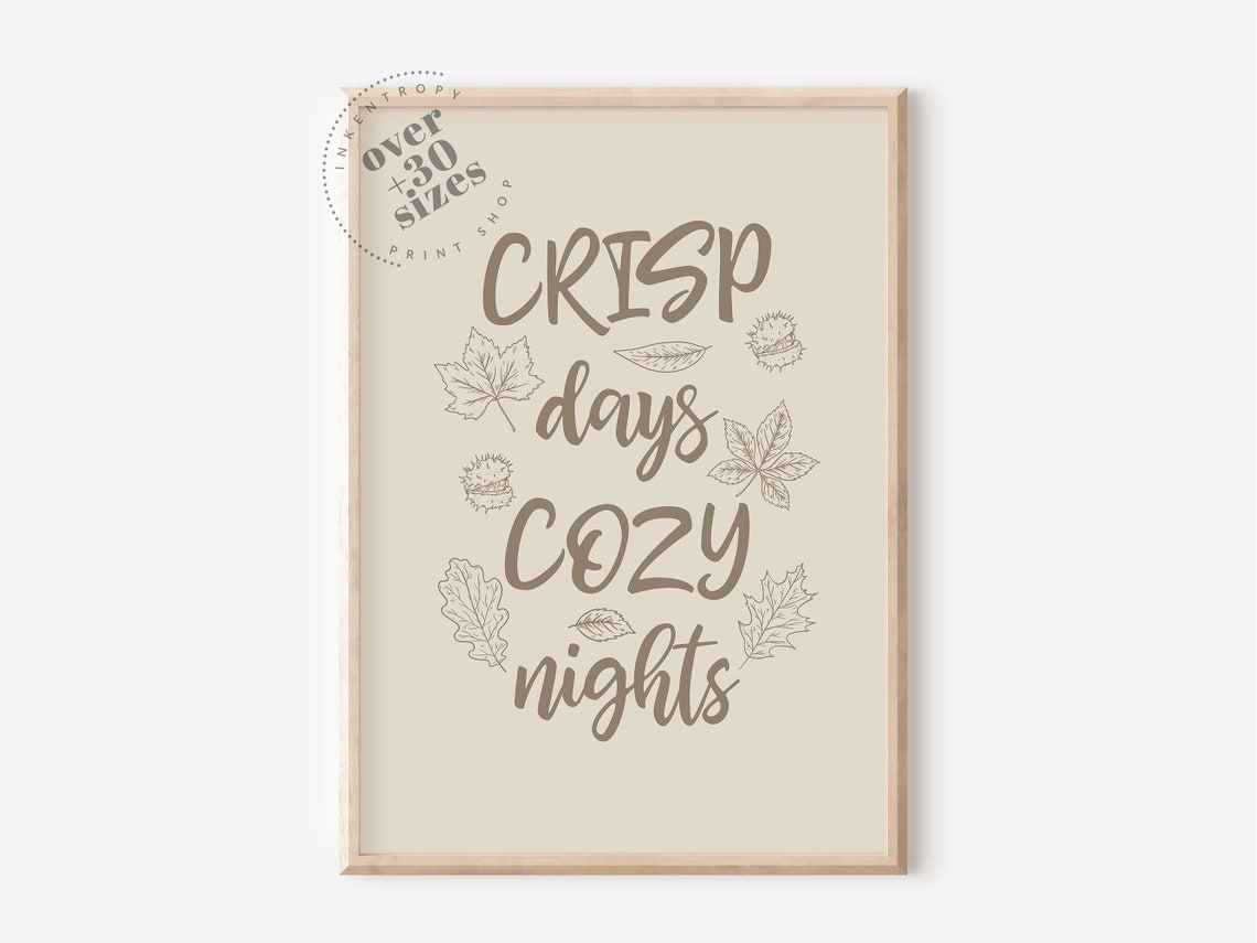 Crisp Days Cozy Nights Neutral Beige Fall Leaf Script Wall Print