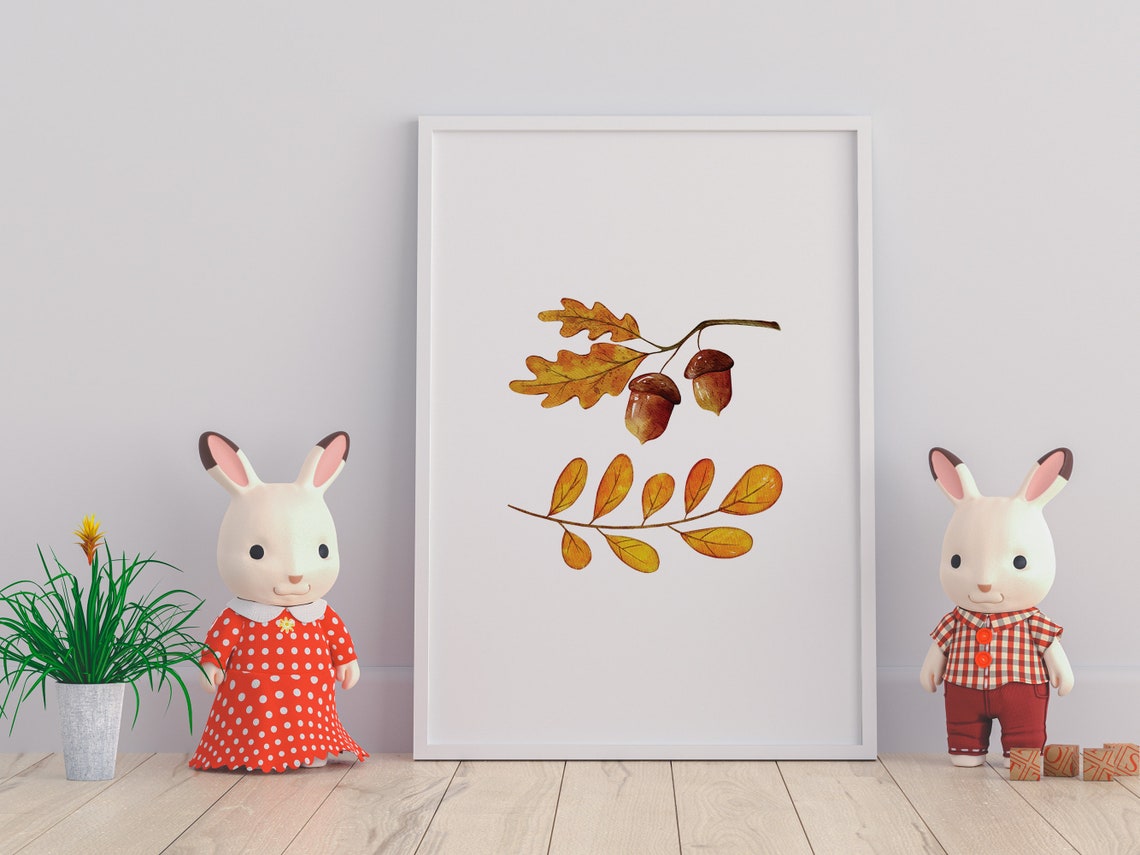 Autumn Botanical Watercolor Oak Leaves Acorns Fall Decor Art Print - Image 3