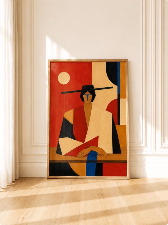Abstract Print Art Woman Portrait Boho Style Primitive Decor