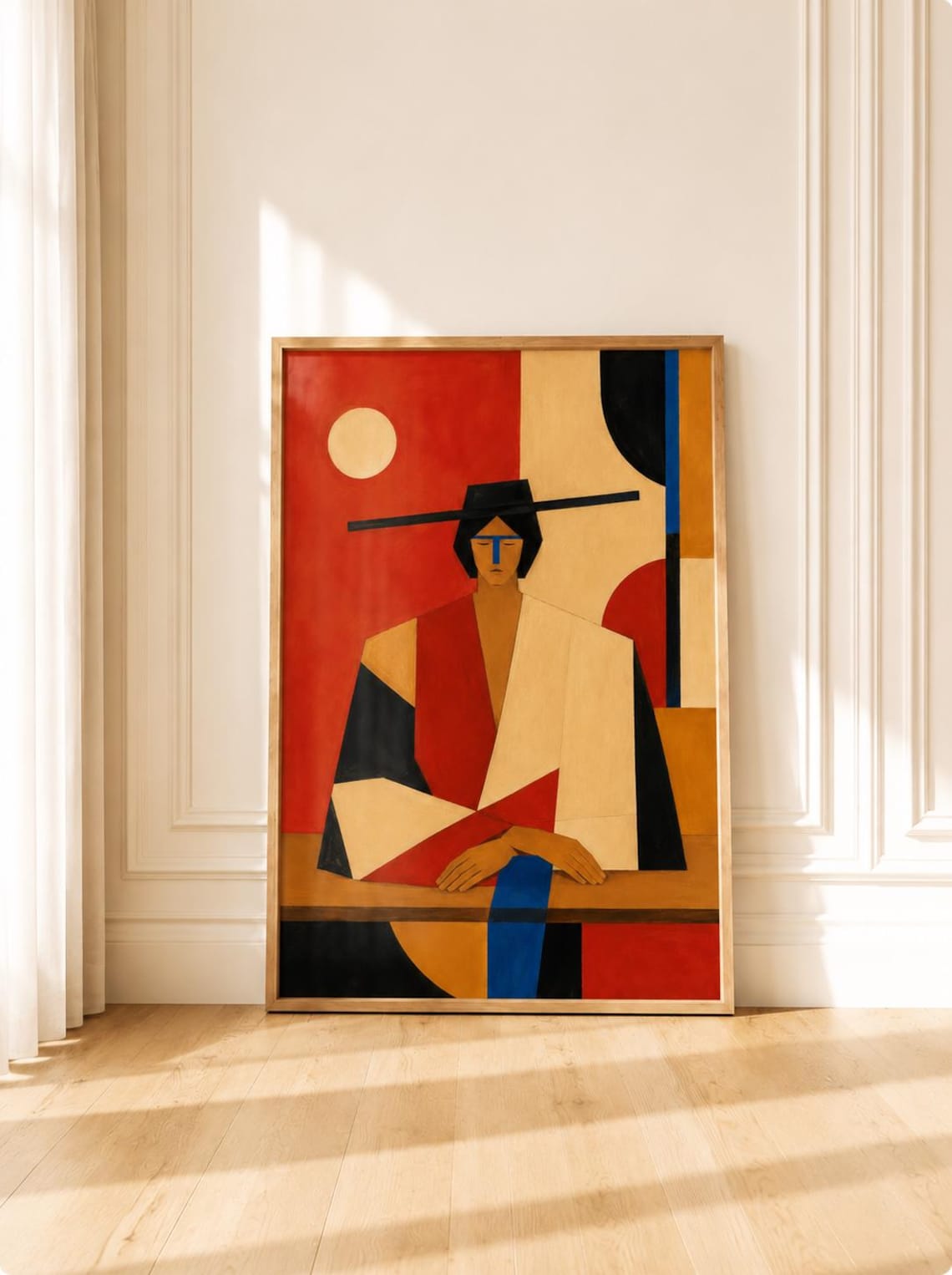 Abstract Cubist Woman Portrait in Red Geometric Hat Modern Art Poster