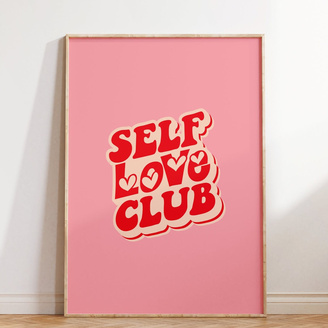 Self Love Club Retro Quote Poster Pink Red Groovy Wall Decor Gift