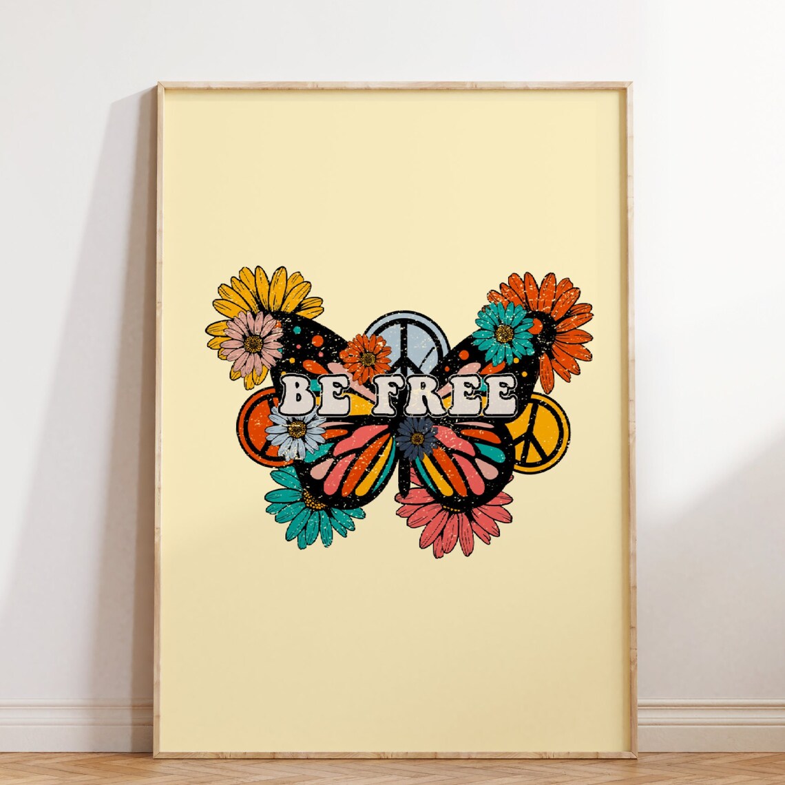 Be Free Butterfly Peace Sign Floral Vintage Hippie Groovy Poster