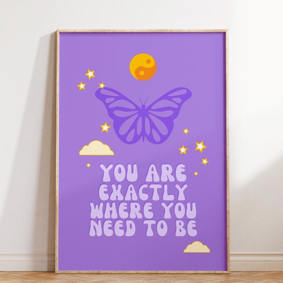 Retro Quote Wall Print Celestial Wall Art Butterfly Print Inspirational Poster Wall Decor Hippie Poster Purple Print
