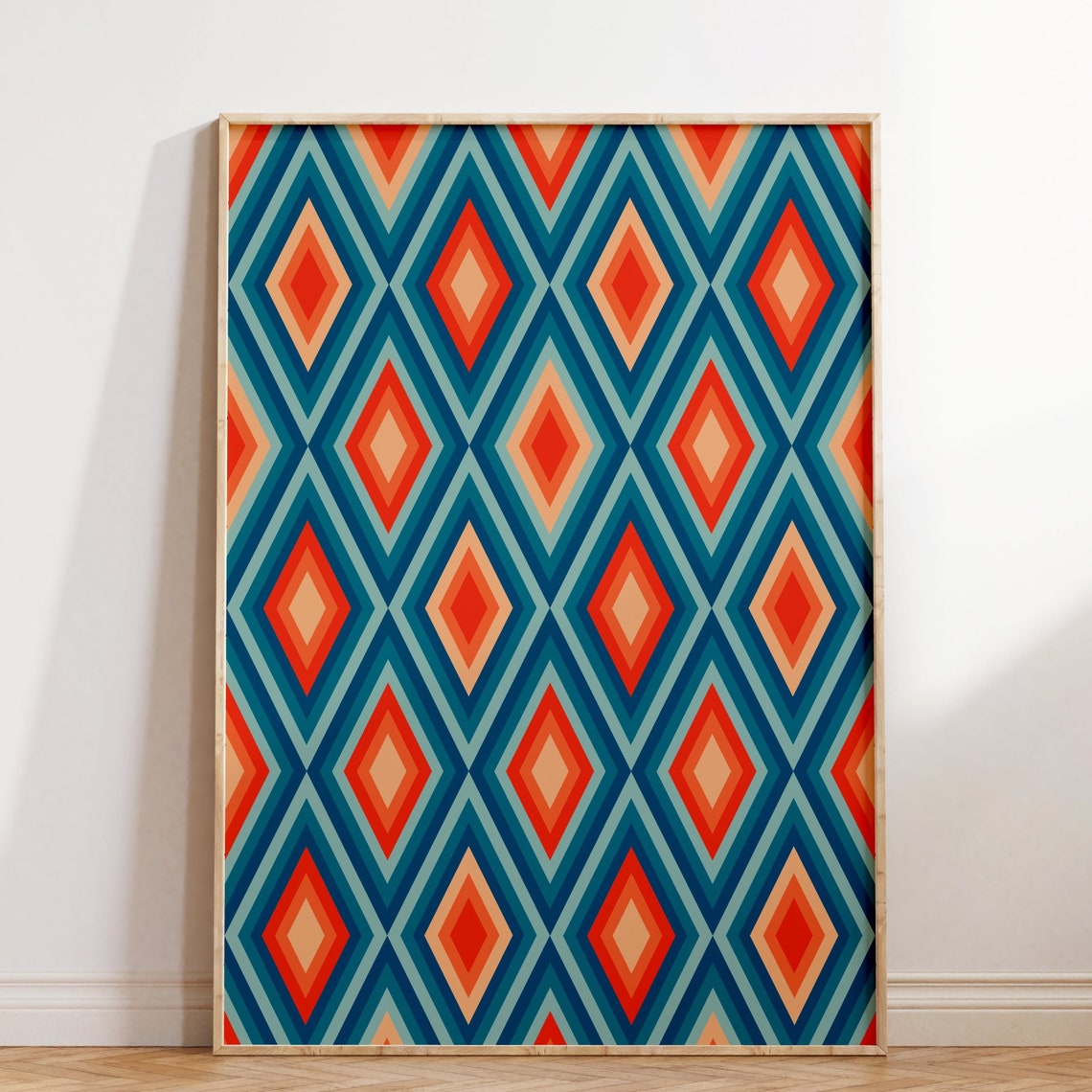 Retro 70s Striped Diamond Geometric Pattern Teal Orange Poster