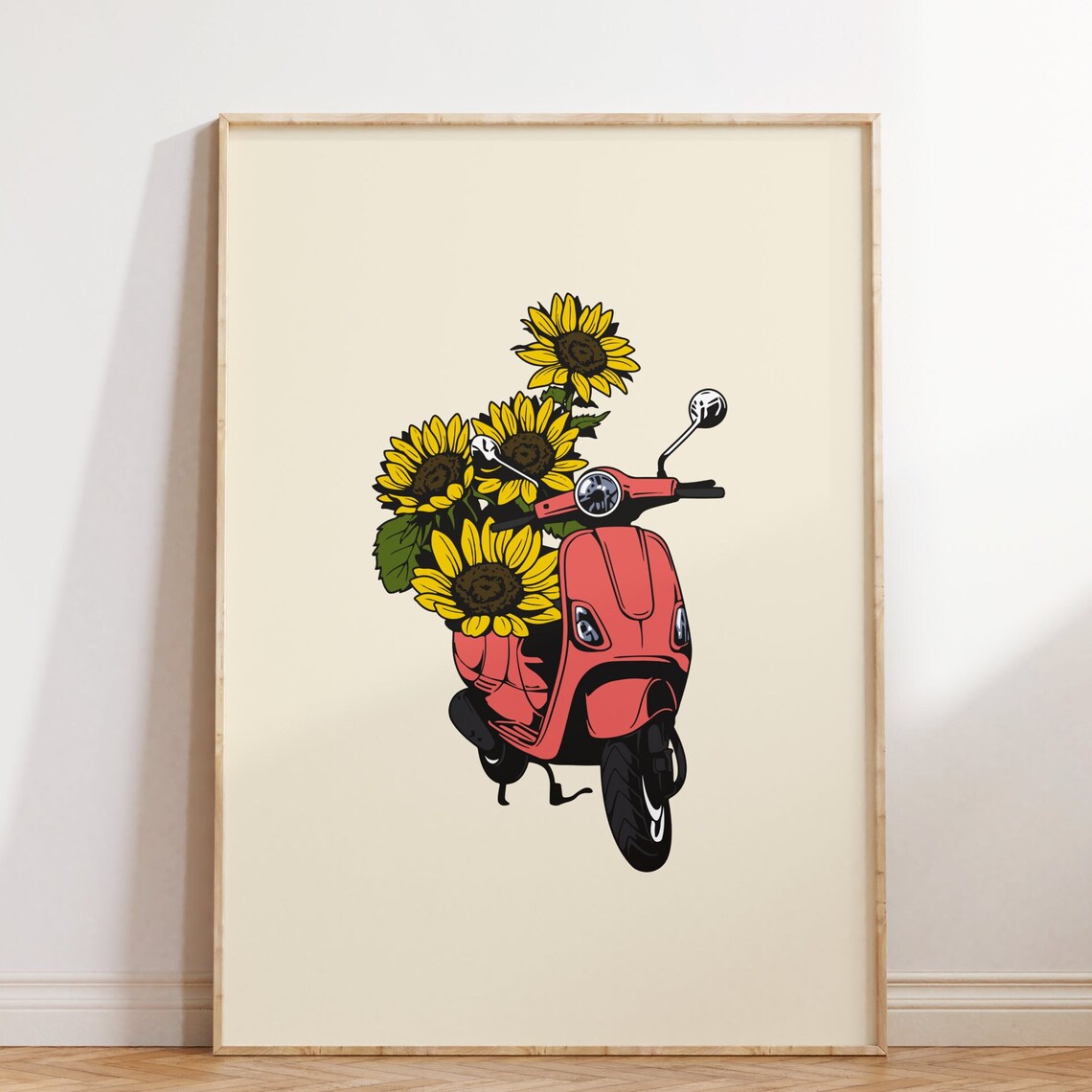 Red Vespa Scooter Carrying Sunflowers Retro Summer Art Poster