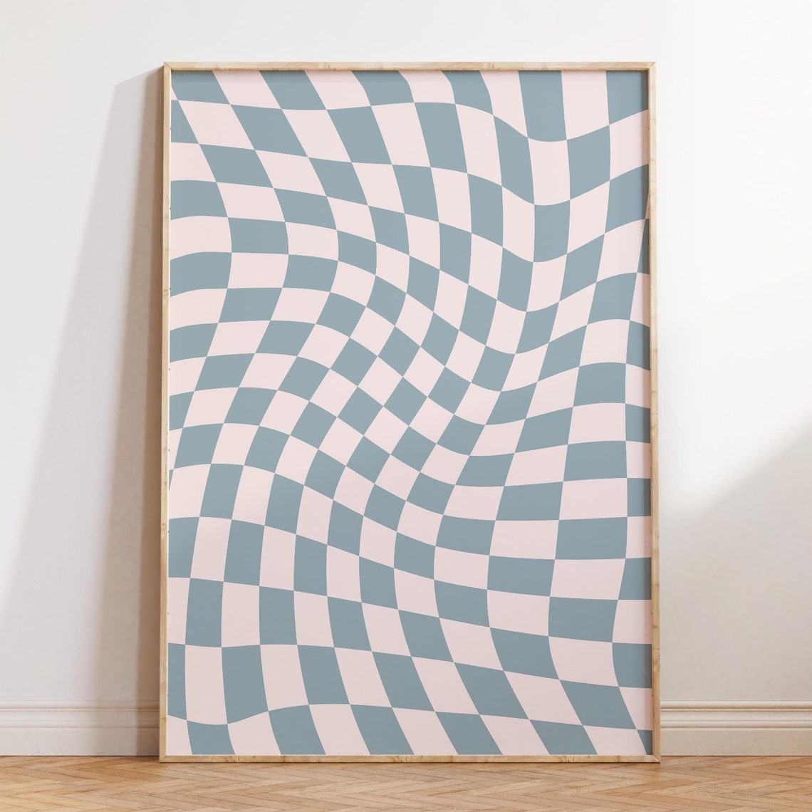 Wavy Checkerboard Pattern Pastel Blue Pink Retro Abstract Poster