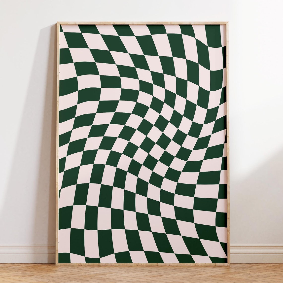 Wavy Checkerboard Pattern Dark Green Cream Retro Abstract Poster
