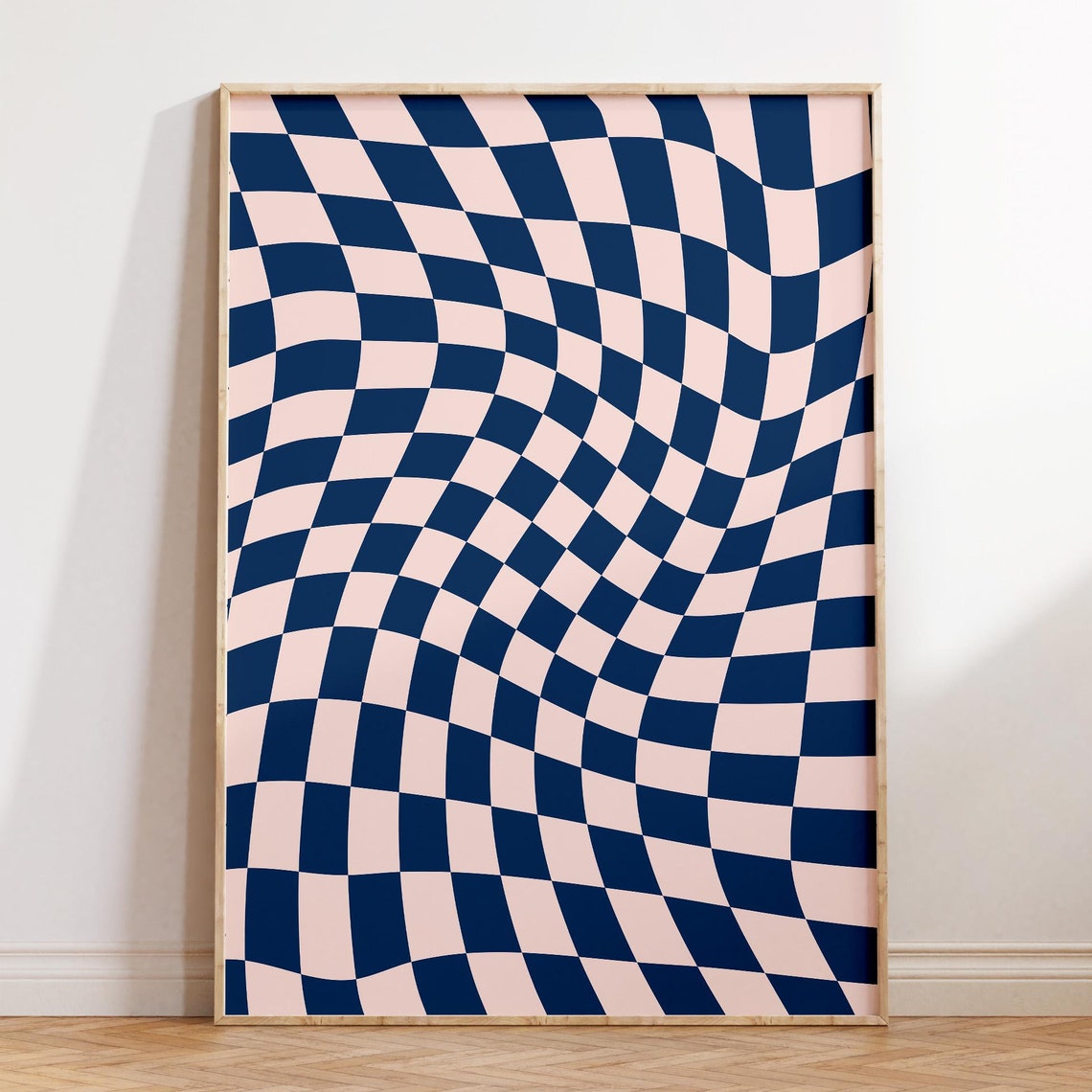 Wavy Checkerboard Pattern Navy Blue Blush Retro Abstract Poster