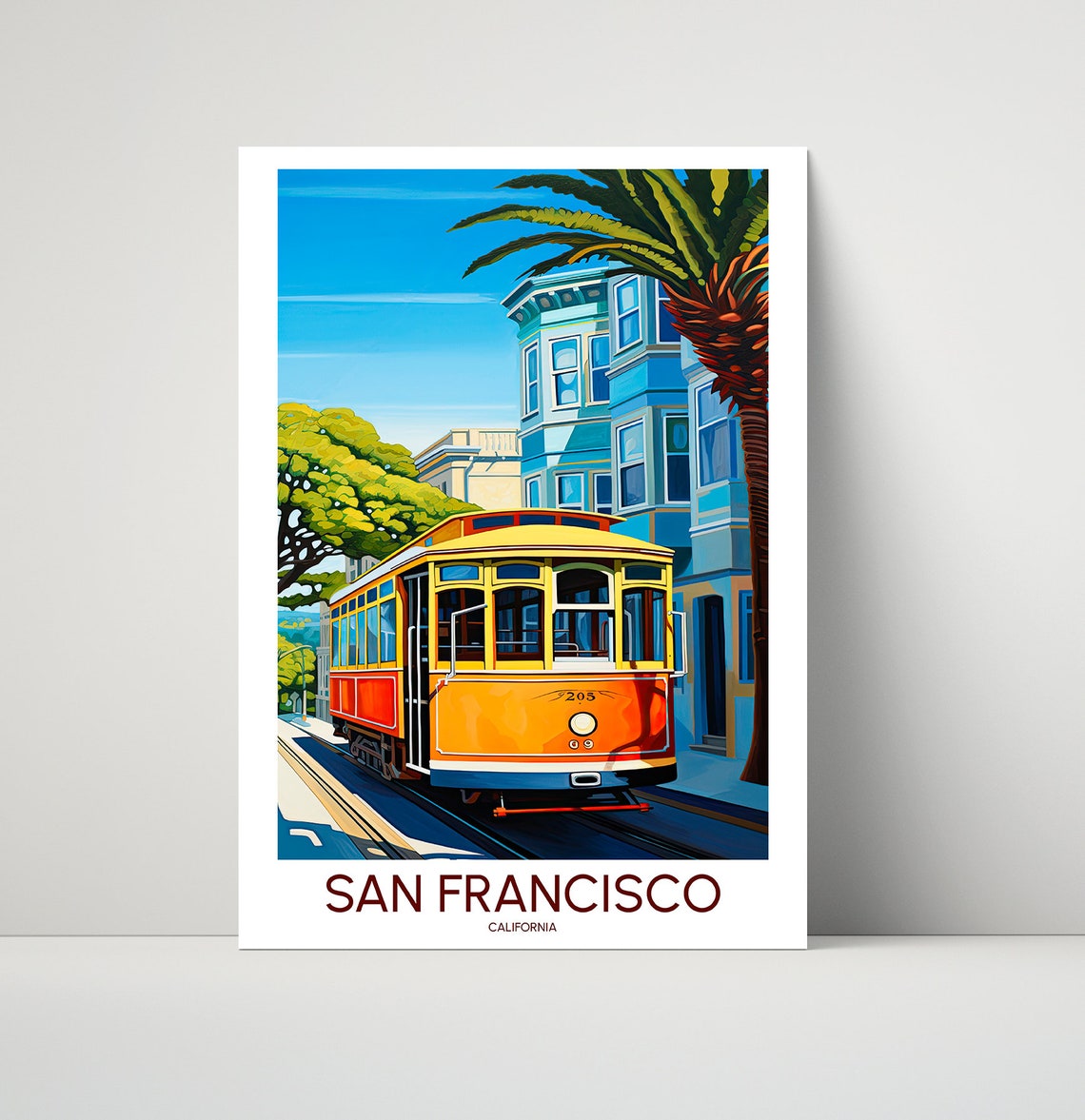 San Francisco Cable Car Victorian Street Travel Illustration Poster