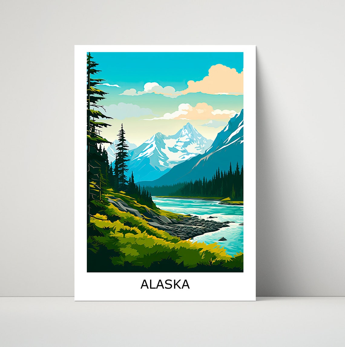 Alaska Turquoise River Valley Snowy Peaks Landscape Art Poster