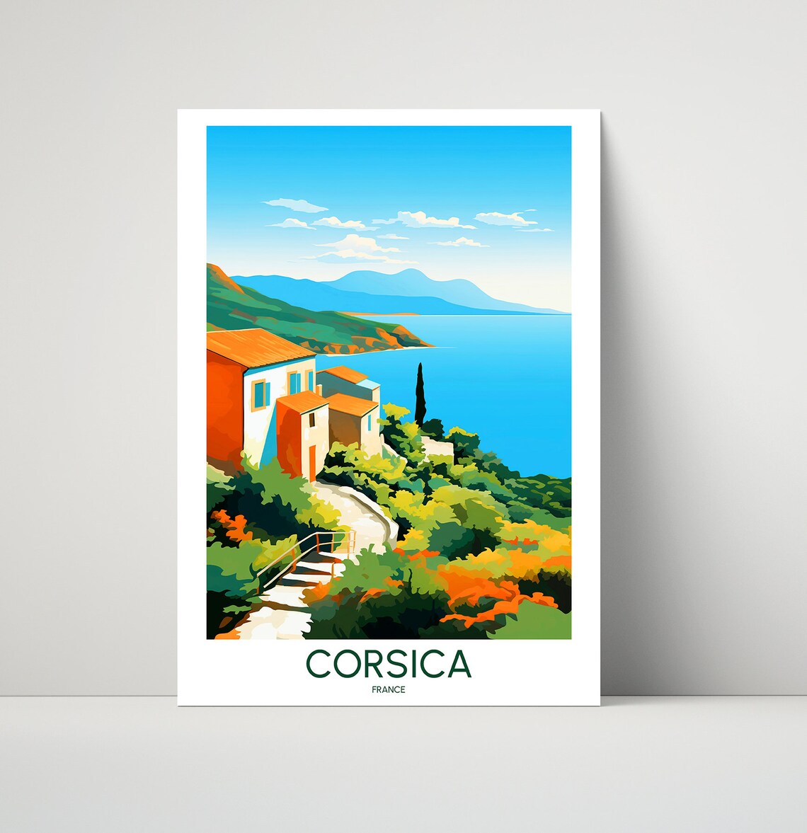 Corsica France Coastal Village Cliff Mediterranean Sea Travel Poster