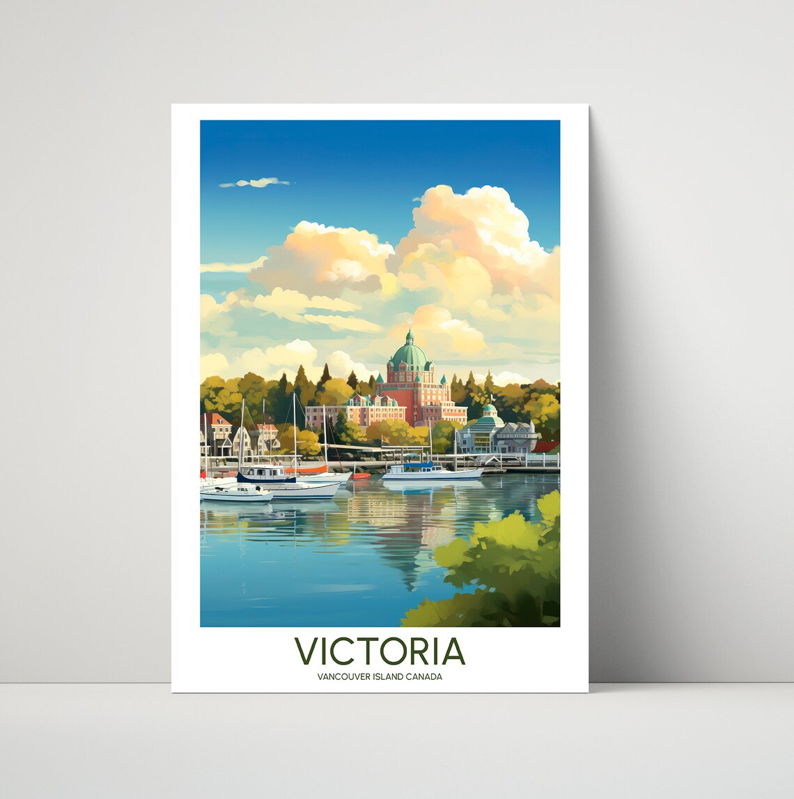 Victoria Vancouver Island Canada Harbor Boats Golden Travel Poster