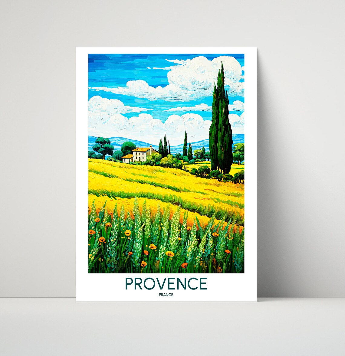 Provence France Golden Wheat Field Cypress Tree Travel Poster
