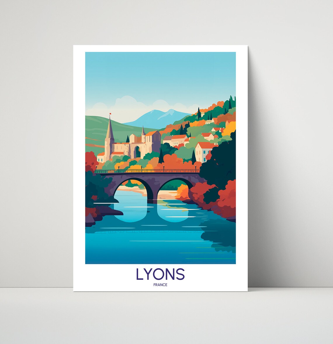 Lyons France Autumn River Bridge Abbey Landscape Travel Poster
