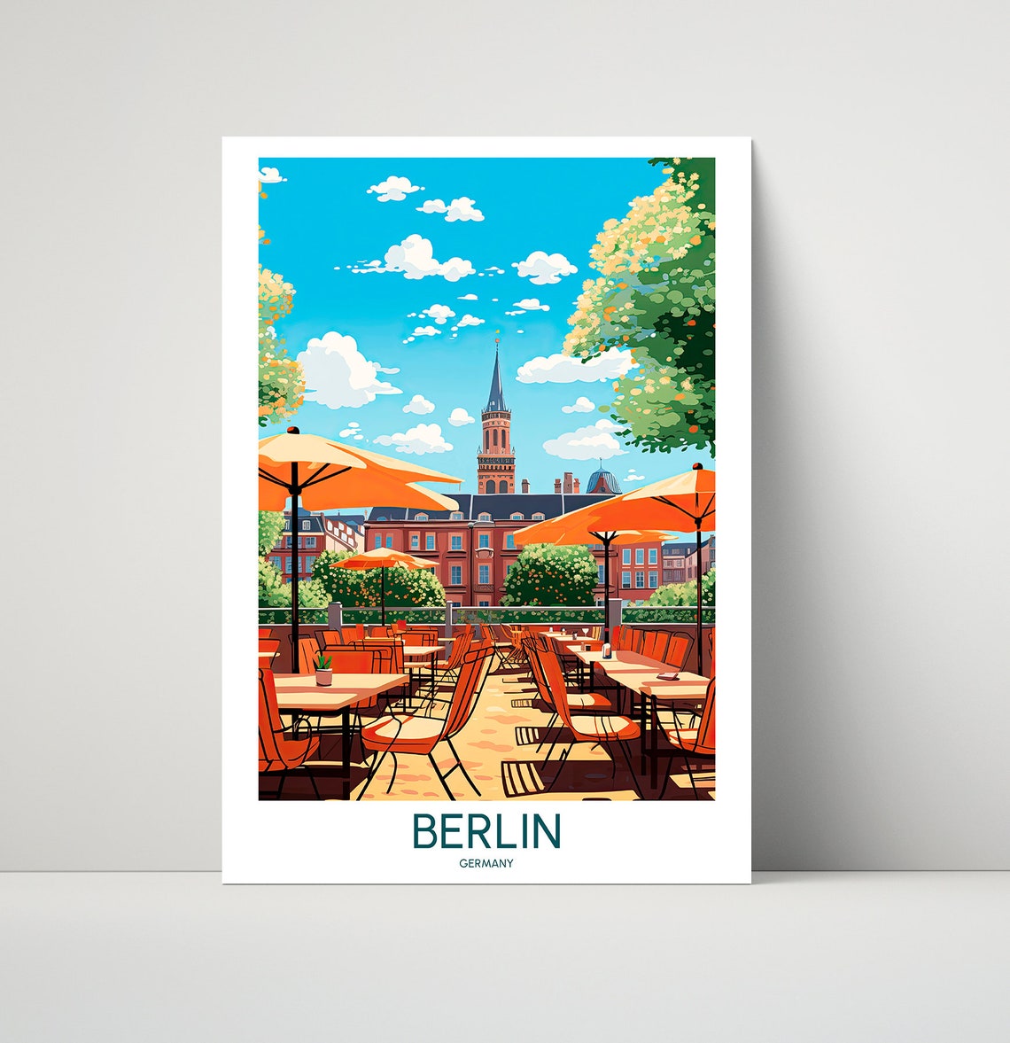 Berlin Germany Sunny Cafe Terrace Church Tower Travel Poster