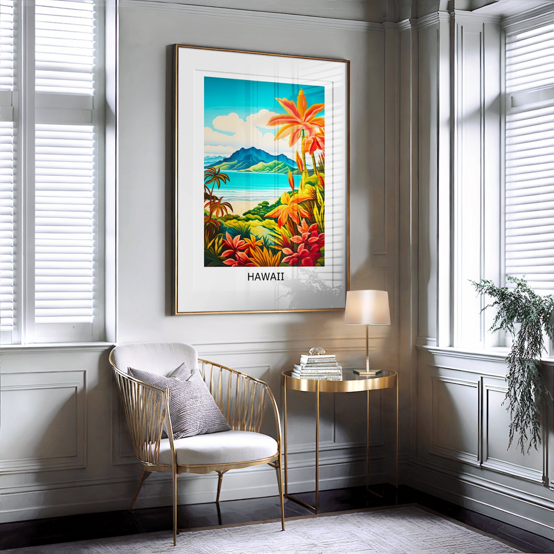 Hawaii Tropical Coast Palm Flowers Beach Illustration Art Poster - Image 2