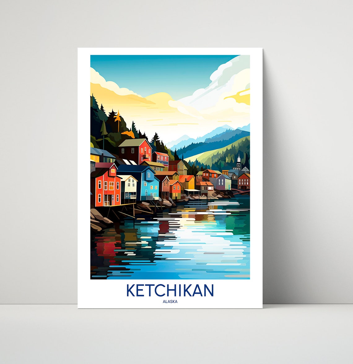 Ketchikan Alaska Colorful Waterfront Town Illustrated Travel Poster