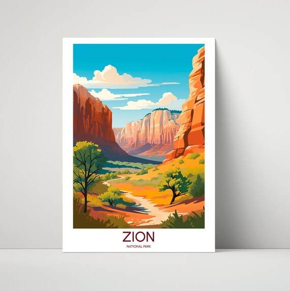 Zion National Park Daytime Canyon Trail Golden Cliffs Vintage Travel Poster