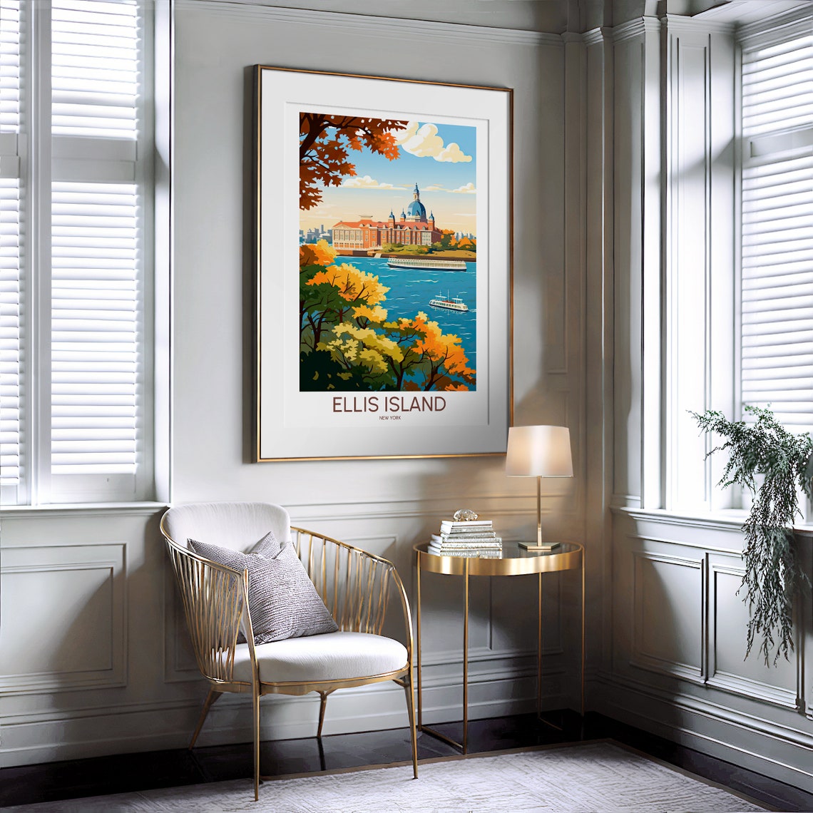 Ellis Island New York Autumn Harbor Ferry Vintage Travel Poster - Image 2