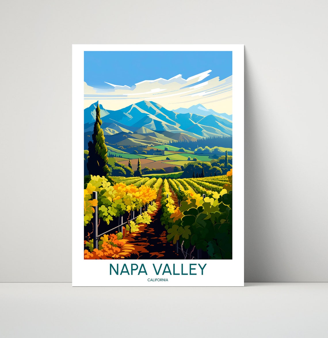 Napa Valley California Vineyard Rows Autumn Illustration Poster