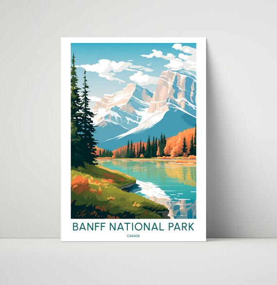 Banff National Park Canada Mountain Lake Reflection Illustrated Travel Poster