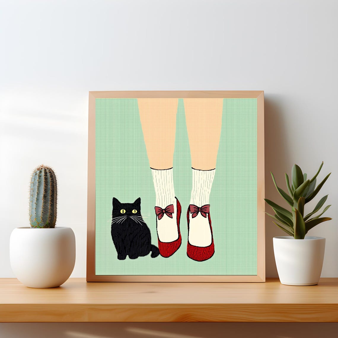 Chic Black Cat Beside Red Bow Shoes Retro Coquette Style Poster