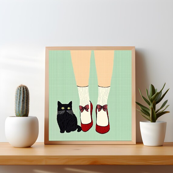 Chic Black Cat Beside Red Bow Shoes Retro Coquette Style Poster