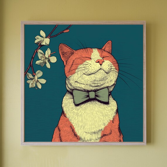 Smiling Orange Cat With Green Bowtie And Blossom Branch Poster