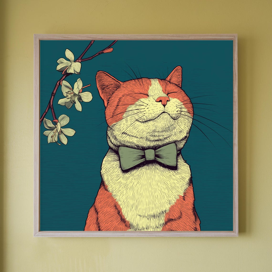 Smiling Orange Cat With Green Bowtie And Blossom Branch Poster