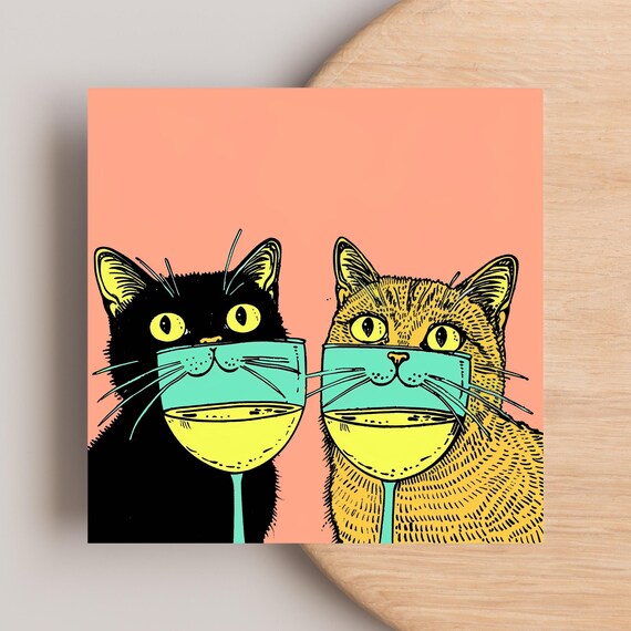 Black And Orange Cats Behind Wine Glasses Funny Cheers Poster