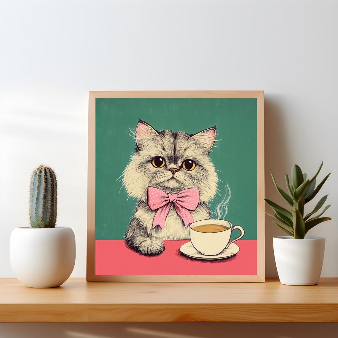 Fluffy Cat With Pink Polka Dot Bow And Steaming Coffee Poster