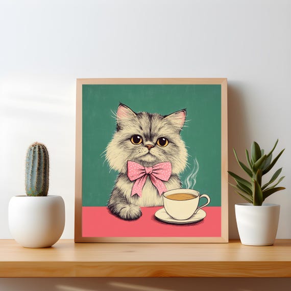 Coquette Cat Retro Coffee Poster Minimal Kitchen Art Print Cute Fluffy Decor For Cafe Or Bar Gift Mom