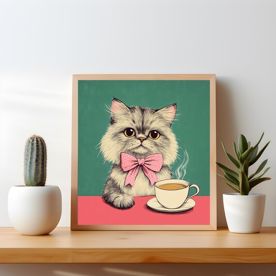Fluffy Cat With Pink Polka Dot Bow And Steaming Coffee Poster