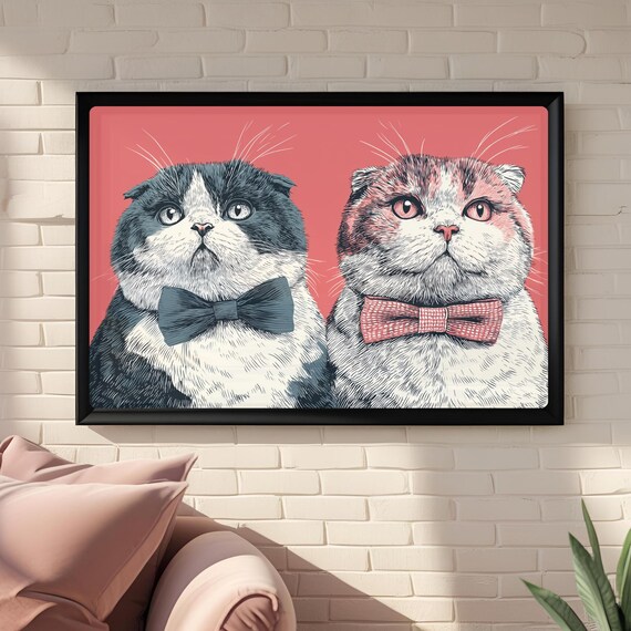 A Pair Of Scottish Fold Cats Wearing Bowties Retro Pink Poster