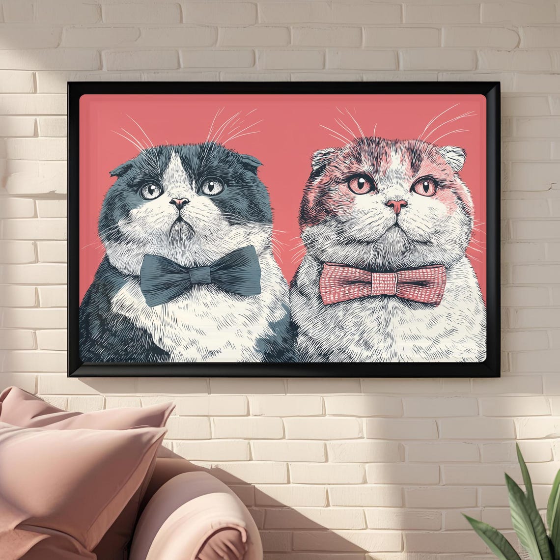 A Pair Of Scottish Fold Cats Wearing Bowties Retro Pink Poster