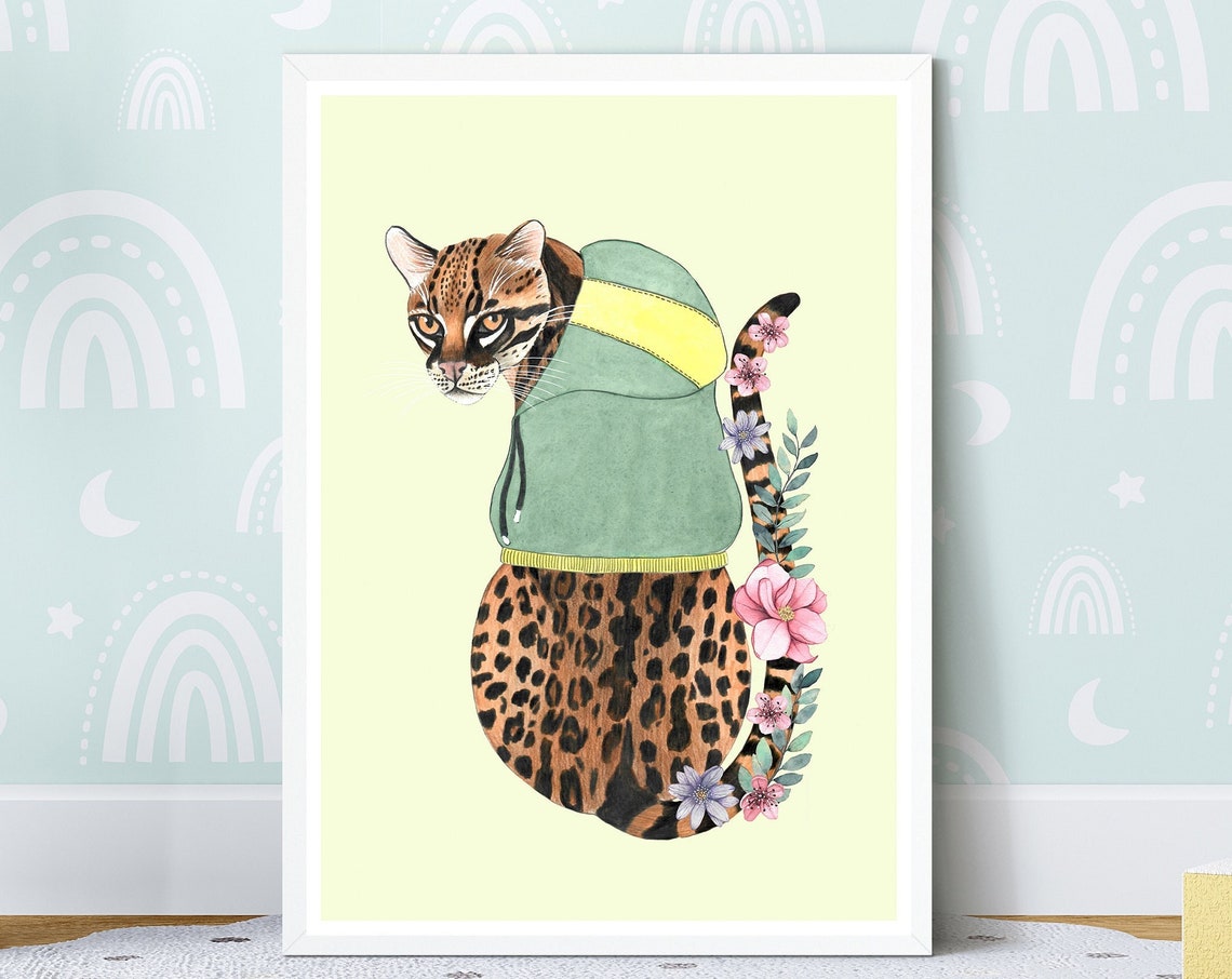 Spotted Ocelot Cat Green Hoodie Floral Wild Animal Art Poster