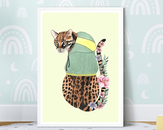 Spotted Ocelot Cat Green Hoodie Floral Wild Animal Art Poster