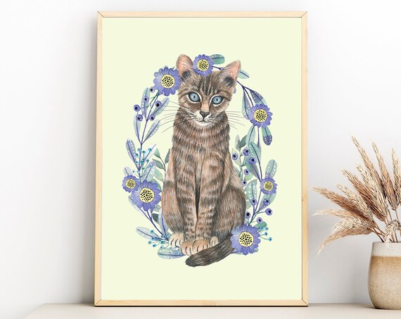 Tabby Kitten With Blue Daisies Watercolor Wildflower Art Poster