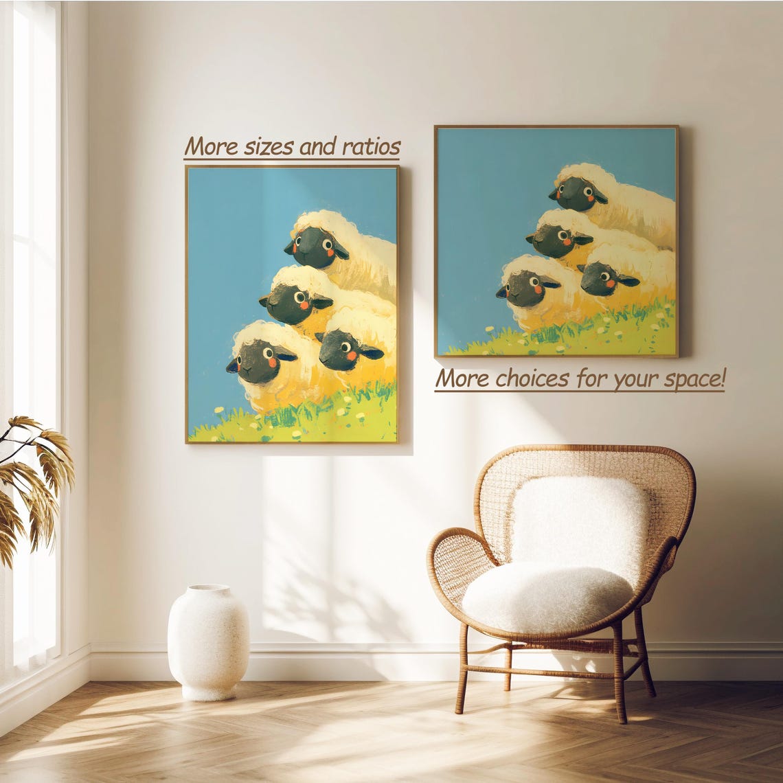 Four Black Faced Fluffy Sheep On Green Hill Cute Nursery Wall Art - Image 2