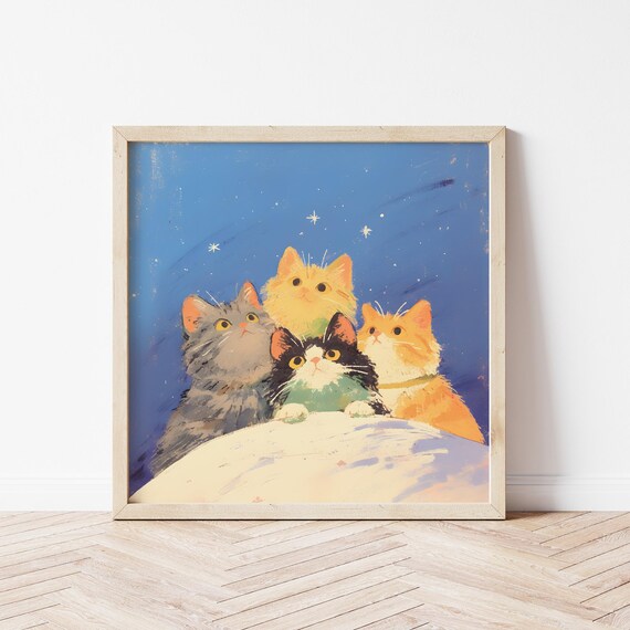 Four Kittens Gazing At Stars In Night Sky Dreamy Nursery Wall Art