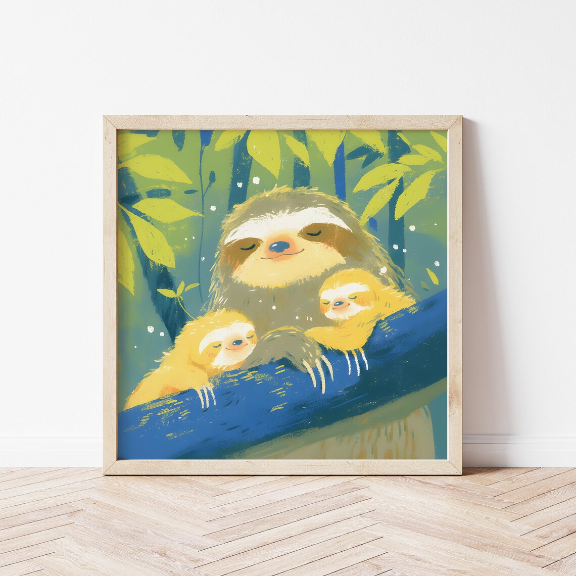 Sloth Mom With Two Babies Resting On Branch Sweet Jungle Nursery Wall Art