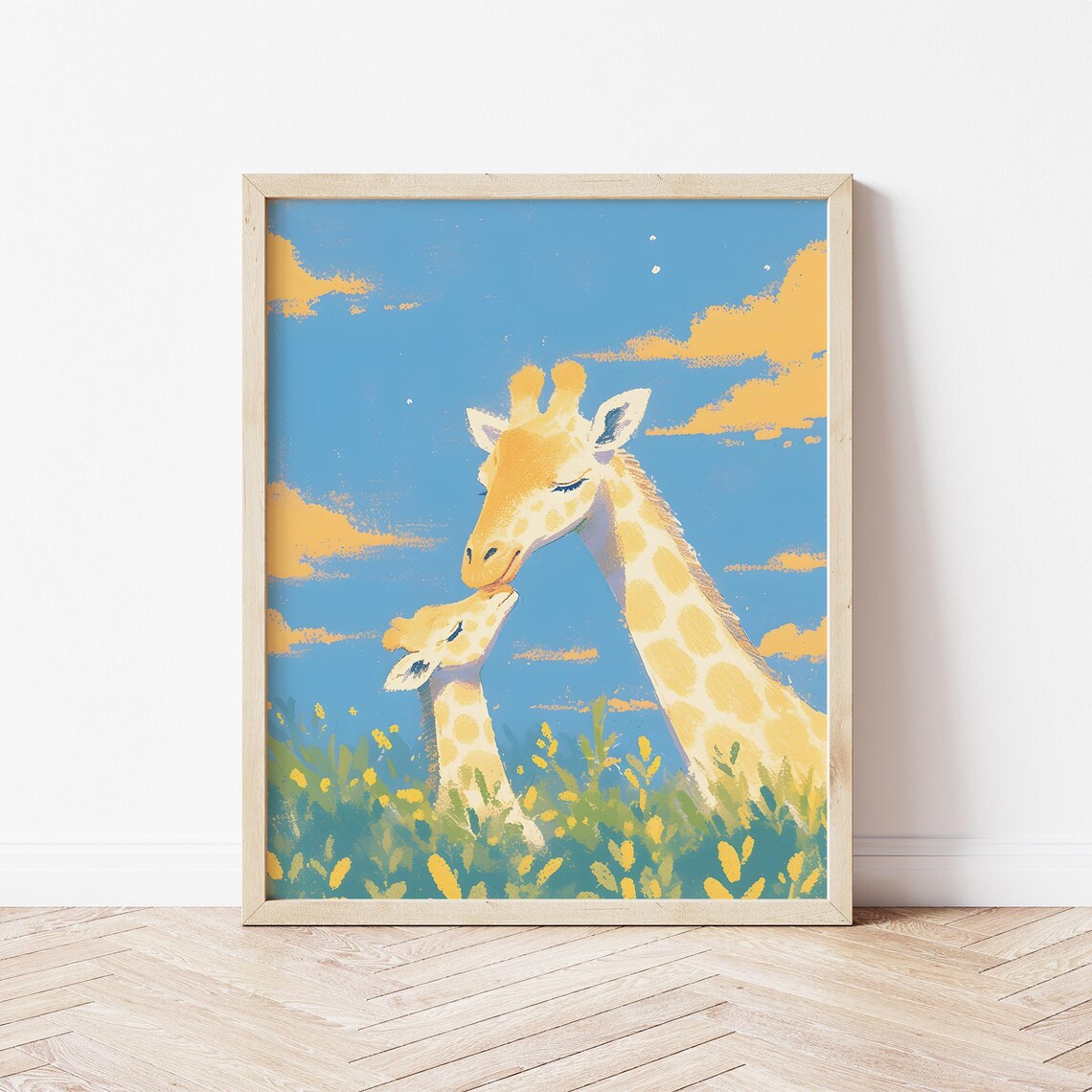 Giraffe Mom Kissing Baby Calf Under Golden Clouds Sweet Nursery Wall Art - Image 2