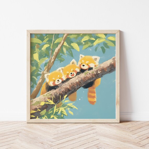 Three Cute Red Pandas Resting On Branch Playful Nursery Wall Art