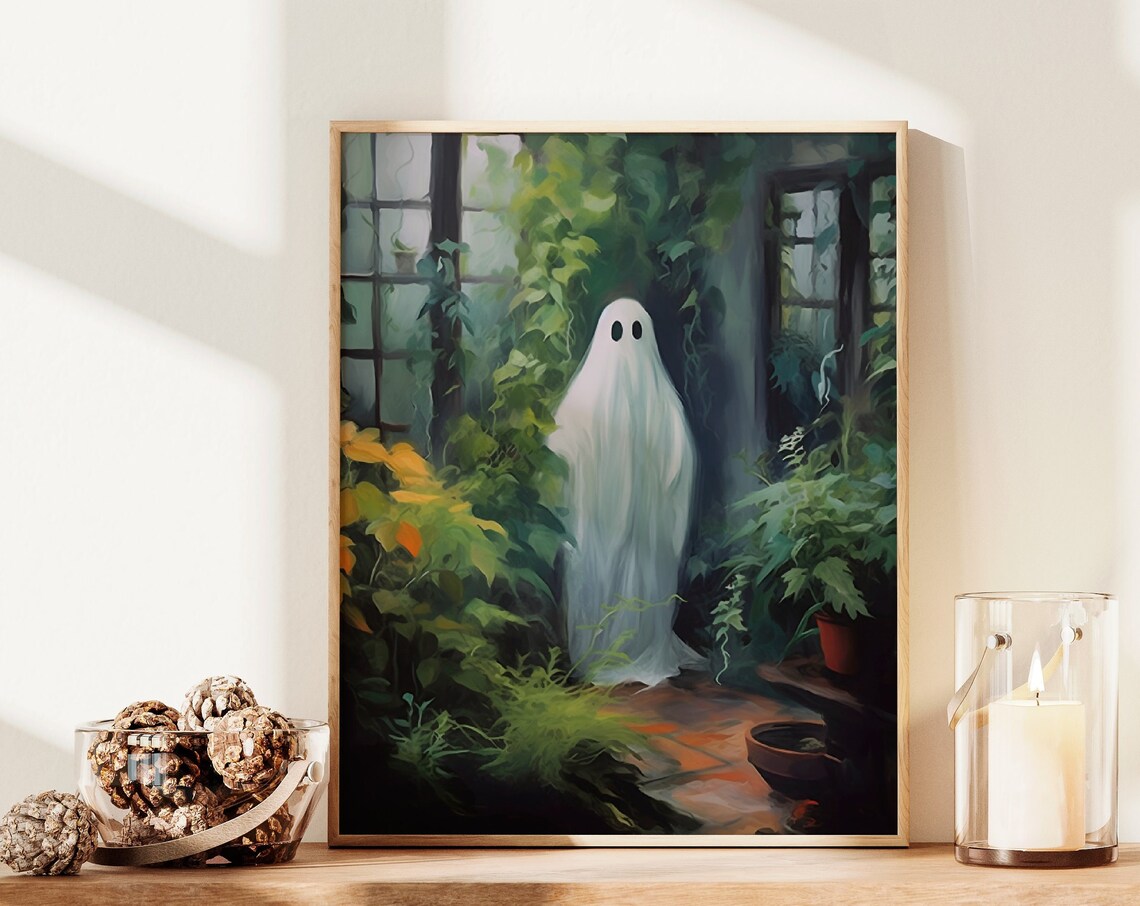 Gentle Ghost Standing Among Green Plants Cozy Garden Halloween Art Poster - Image 3
