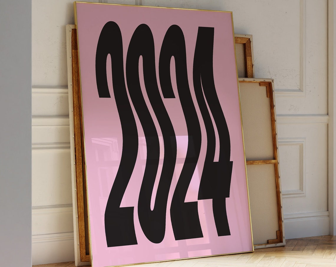 Wavy 2024 Bold Typography Pink Black Retro Year Number Poster