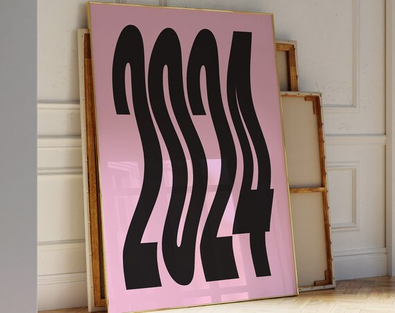 Wavy 2024 Bold Typography Pink Black Retro Year Number Poster